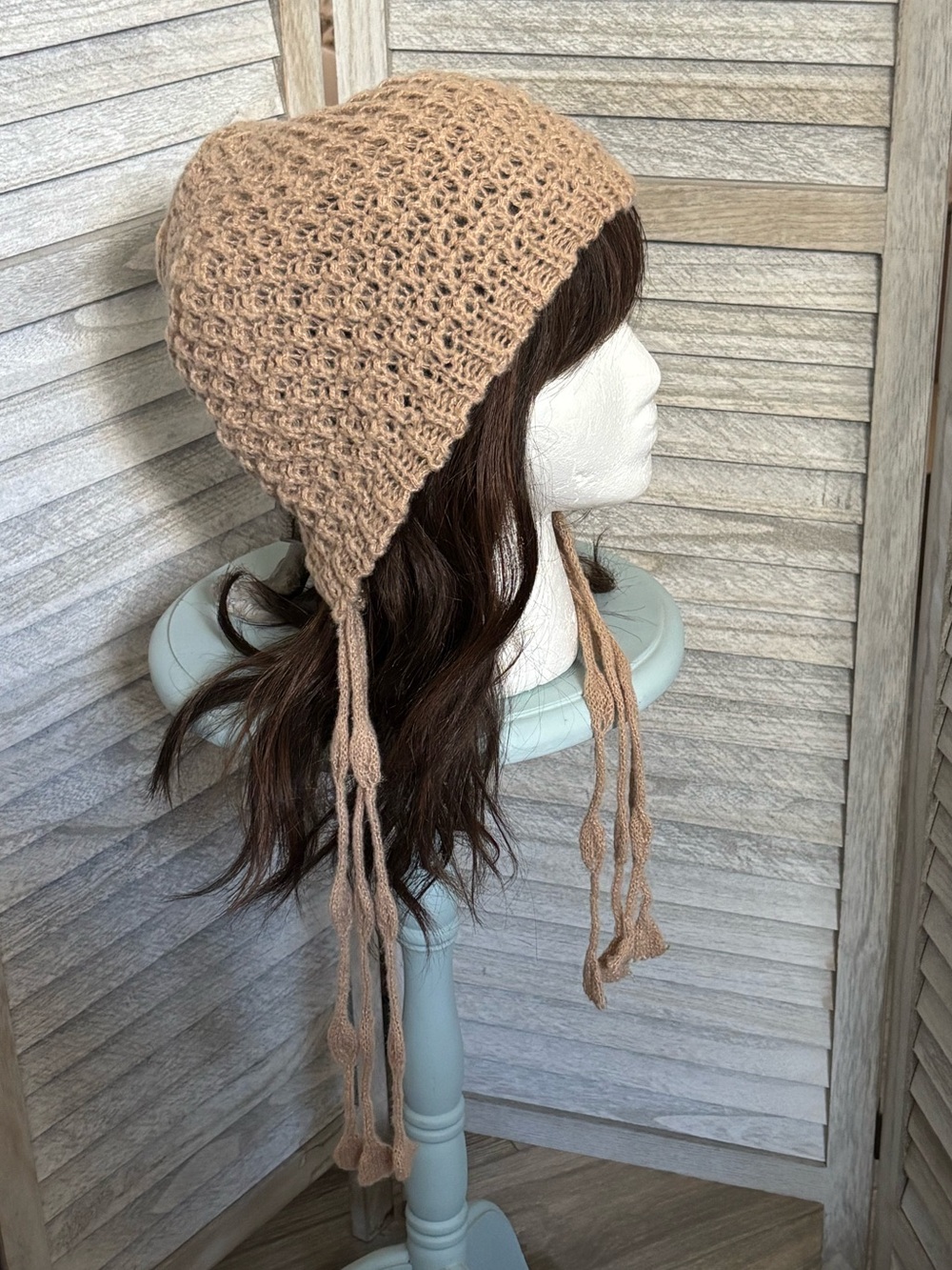 FairyCore Crochet Knit Bonnet Earflap Beanie Earthtones Tan Tassel Boho Tie NWOT